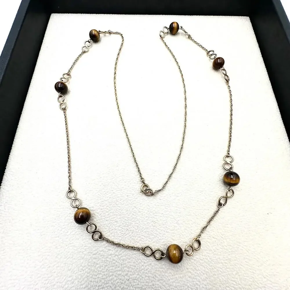 Vintage Tigers Eye Bead Gold Filled Necklace- 24 Inch Length